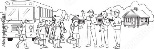 Children Arriving at Summer Camp by Bus Line Art Vector Illustration