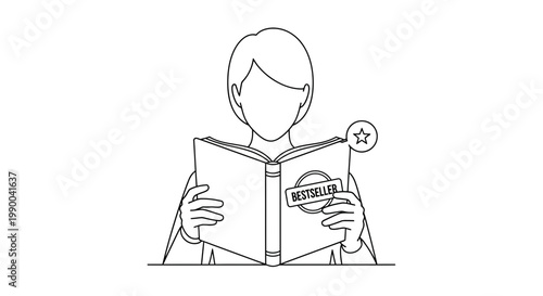 Person reading a bestseller book with a star badge, illustration, outline drawing