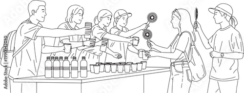 Group of Volunteers Distributing Refreshments and Water Bottles at Outdoor Event Illustration