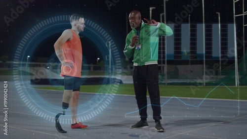 Athlete testing prosthetic blade, running drills after coach timing device for sports, HUD circling
