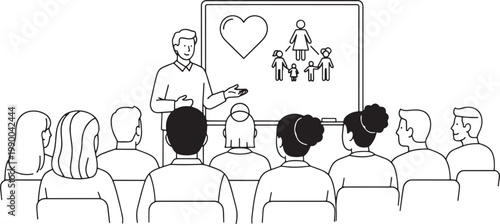 Vector Illustration of a Speaker Presenting Family Social Services to an Audience