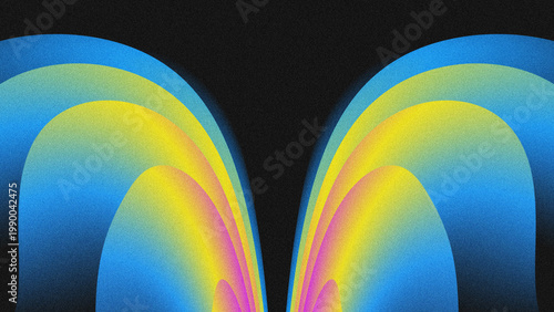 Εκτύπωση καμβά Abstract symmetrical design with mirrored rainbow gradient arches in ocean blue, electric yellow, and neon purple, set against a black grainy background