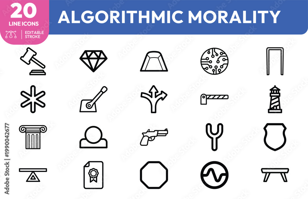 Fototapeta premium Collection of line icons representing algorithmic morality ethical decision making and artificial intelligence philosophy concepts.