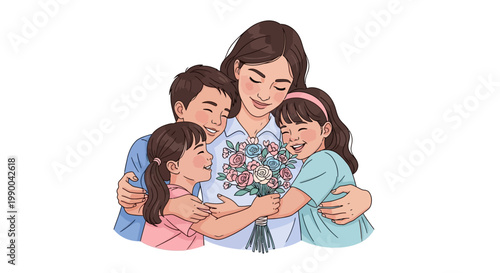 During a Mothers Day celebration with family, a smiling mother is embraced by her three loving children, holding a bouquet of flowers in a heartwarming scene, rendered in a soft, cartoon