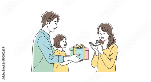 During a Mothers Day celebration with family, a father and daughter give a wrapped gift to a smiling mother in a simple line drawing with a clean white background conveying love
