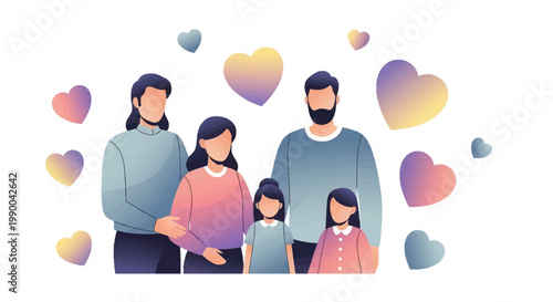 Celebrating Mothers Day with family, a faceless cartoon family of two parents and two daughters stand together surrounded by floating heart shapes against a clean white backdrop in a vector