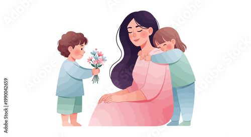 During a heartwarming Mothers Day celebration with family, a smiling mother receives a bouquet of flowers from her son while her daughter embraces her, captured in a soft, pastel-toned