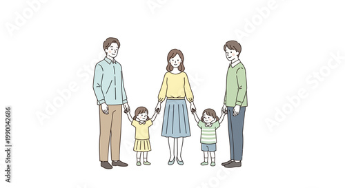 Stylized illustration depicts a family celebrating Mothers Day, with parents holding hands with their two young children in a simple, clean composition against a bright white background
