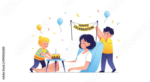 A family celebrating Mothers Day is depicted in a cheerful vector illustration, where two children prepare a cake and banner for their mother in a cozy home setting with pastel colors