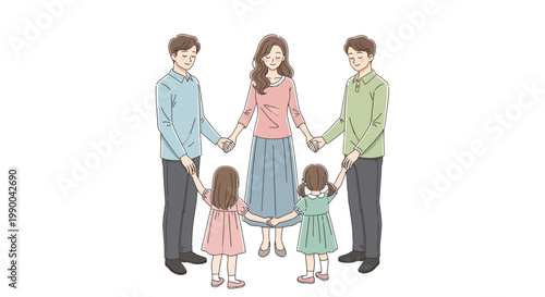A family is celebrating Mother's Day, with two parents and two young children holding hands in a circle, rendered as a clean, simple line drawing against a bright white backdrop