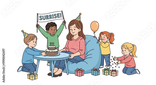 Celebrating Mothers Day with family, a young woman smiles beside a chocolate cake with lit candles, surrounded by children wearing party hats and holding gifts in a brightly lit, cheerful