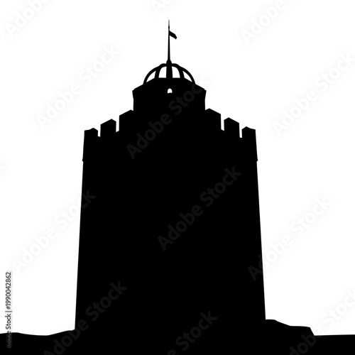 Black silhouette of a medieval castle tower with battlements
