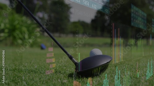 Driver sitting behind ball on tee, shaft tilting, moving forward, charts showing financial metrics