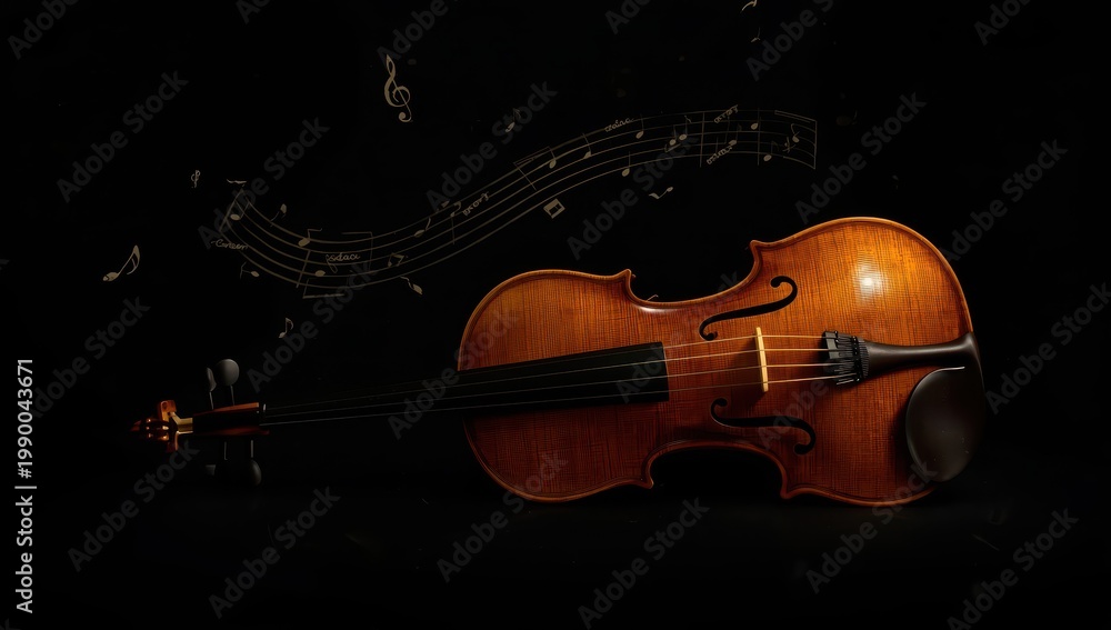 Fototapeta premium Sideways violin on dark backdrop.