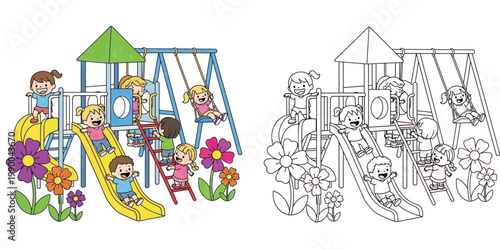 Children playing on playground equipment set with slides and swings, colorful and black and white line art versions for kids coloring page.