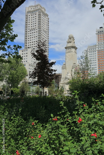 Urban Park with Monument and High-Rise Buildings in Madrid