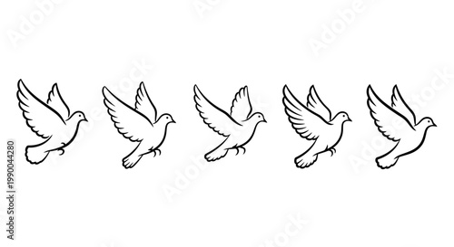 A graceful illustration depicting a row of five doves in various stages of flight, symbolizing peace, freedom, and spiritual serenity