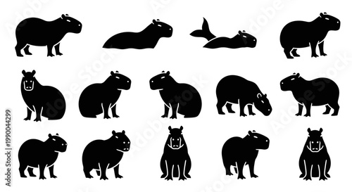 Set of stylized bear illustrations in various poses and configurations, including a lone bear and a mother bear with cubs, suitable for graphic design and educational materials