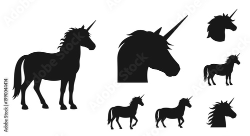 Collection of Silhouetted Unicorns in Various Poses, Illustrating Mythical Creatures and Fantasy Art