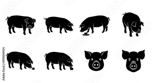 Set of diverse cartoon style pig icons with various poses and facial expressions, perfect for animal-themed designs