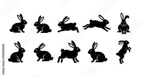 Diverse Collection of Black Rabbit Silhouettes Capturing Various Actions and Poses, from Playful Jumps to Calm Sits, Ideal for Graphic Design and Animal-Themed Projects