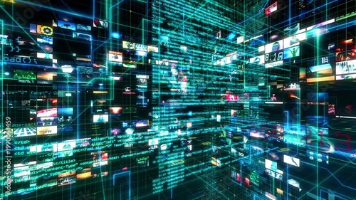 Futuristic Data Media Matrix with Streaming Video Walls and Code