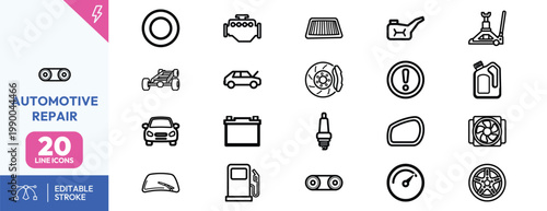 Comprehensive collection of automotive repair icons representing car maintenance parts and vehicle service shop symbols