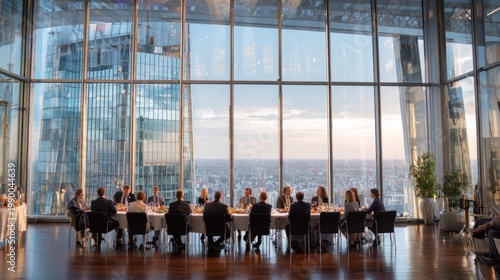 Business professionals at corporate event with canapes and snacks in modern sky-high conference room