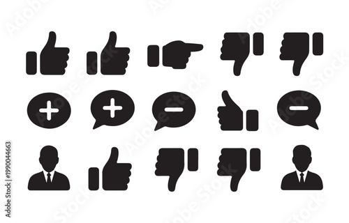 Business interaction icons with thumbs up thumbs down minus plus and businessman silhouettes.