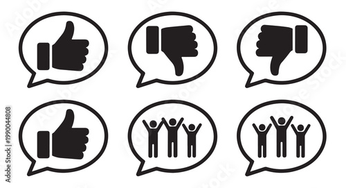 Thumb up and down speech bubble icons for social media feedback and user rating system.