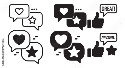 Customer testimonial speech bubbles with heart star and positive feedback text silhouette.