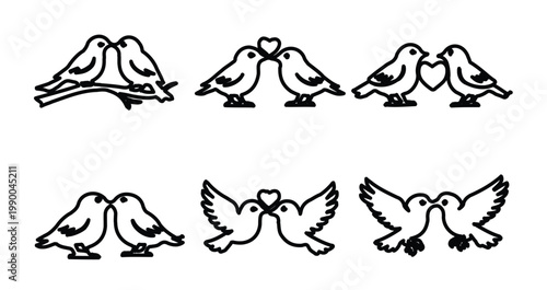 Set of 6 Black Outline Love Birds Vector Icons