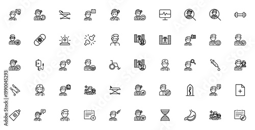 Doctor icon set. Medical vector icons pack. Includes doctor, hospital, surgeon, dentist, cardiologist, tools and more. Editable thin line healthcare symbols.