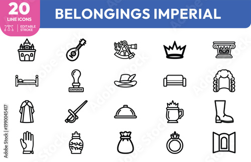 Collection of minimalist black line icons representing royal imperial belongings and historical monarch lifestyle elements.