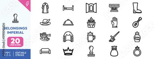 A collection of twenty linear icons representing imperial belongings and royal historical lifestyle items