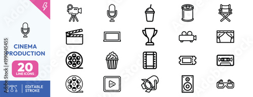 Professional set of black line icons representing various elements of film making and cinema production