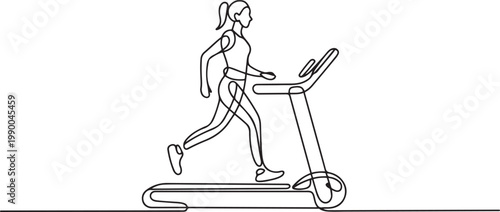 Continuous one line drawing physiotherapy rehabilitation isometric composition with woman walking on medical running machine doing exercises. one line icon drawing vector