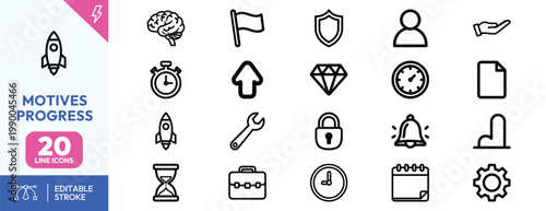 Comprehensive collection of minimalist outline icons representing business growth strategy performance and professional development motives