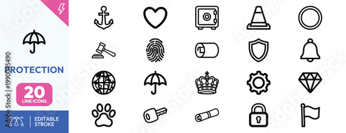 Comprehensive collection of minimalist outline icons representing security safety law and protection for various digital platforms