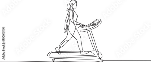 Continuous one line drawing physiotherapy rehabilitation isometric composition with woman walking on medical running machine doing exercises. one line icon drawing vector