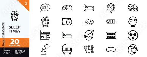 Comprehensive collection of outline icons representing sleep time habits and healthy nighttime rest routines