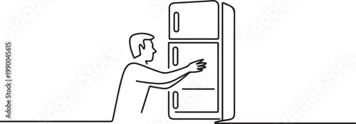 Man opening the refrigerator. one line icon drawing vector