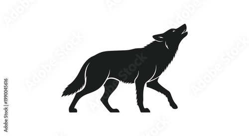Set of black silhouette illustrations of wolves in various poses including howling, running, and close-up portraits, representing wild nature and animal themes