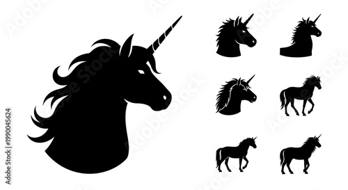Collection of elegant unicorn silhouette illustrations and icons for mythical creature design projects
