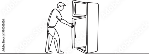 Man opening the refrigerator. one line icon drawing vector