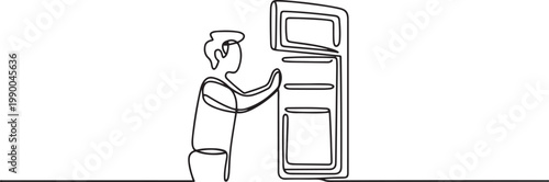 Man opening the refrigerator. one line icon drawing vector