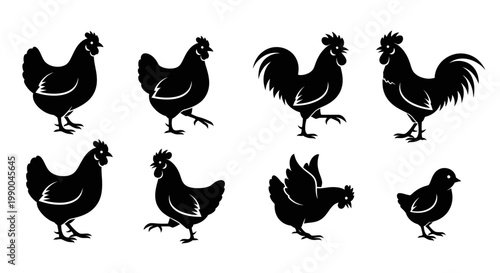 Dynamic Collection of Chicken Silhouettes Featuring Diverse Hens, Roosters, and a Chick in Various Poses for Agricultural and Farm-Themed Designs