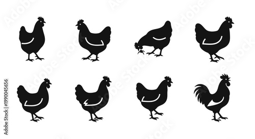 Diverse collection of black chicken and rooster silhouettes, perfect for farm-themed designs, poultry icons, and agricultural concepts