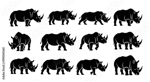 Vector set of black rhinoceros silhouettes in various dynamic poses, illustrating movement and different actions suitable for animation sequences, wildlife graphics, or educational projects