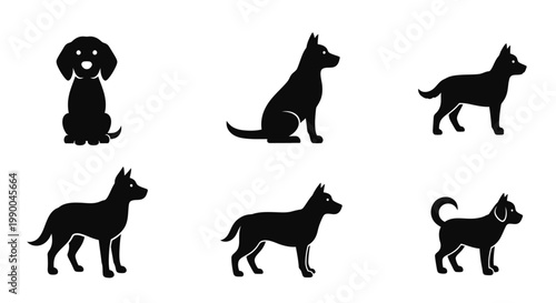 Collection of six black dog silhouettes in different poses, ideal for graphic design and branding